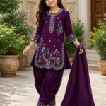 RO18308 Kids Girls Vichitra Embroidered Suit Patiala Set