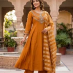 Ochre Mul Chanderi A-Line Kurti Pant Dupatta Set