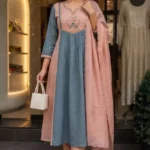 Mal Chanderi Anarkali Kurti Palazzo and Contrast Dupatta Set