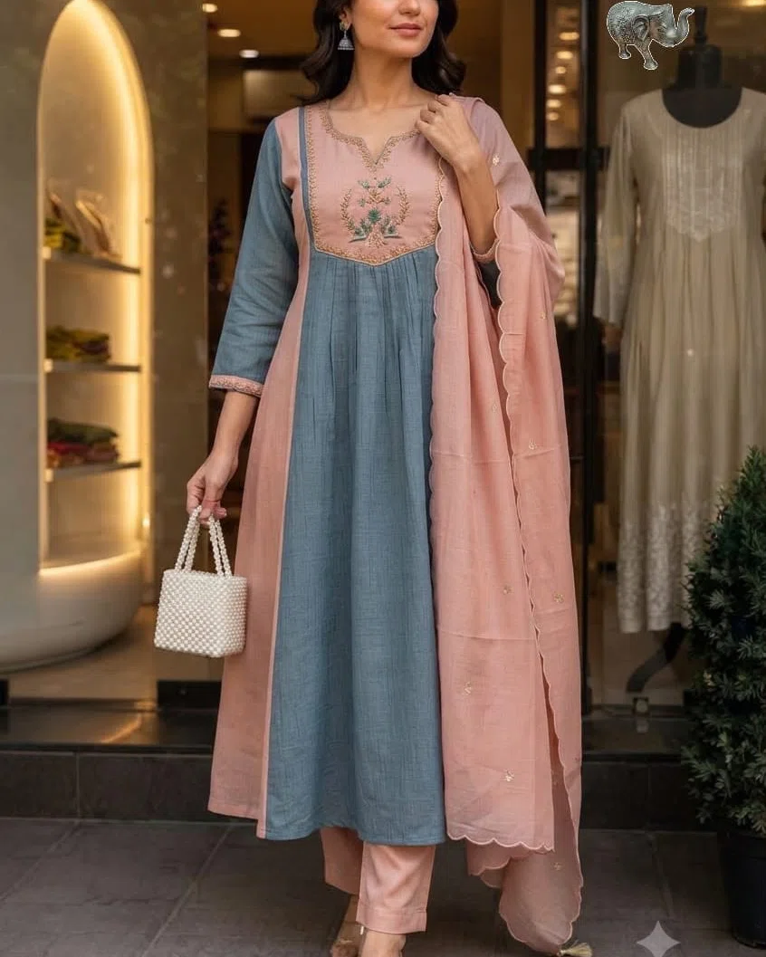 bnk2781-premium-quality-01 Mal Chanderi Anarkali Kurti Palazzo and Contrast Dupatta Set - Image 1