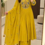 Mull Chanderi Embroidered Kurti Pant and Dupatta Set