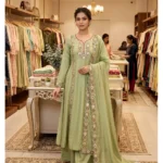 RO19475 Mul Chanderi Embroidered Kurti Palazzo Dupatta Set