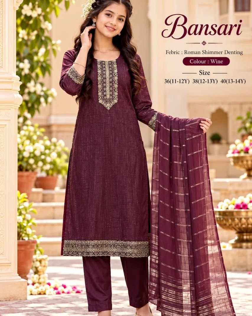 ro19995-pure-elegance-festive-3-piece-straight-suit-set-01 Kids Bansari Roman Shimmer 3-Piece Festive Suit Set - Image 1
