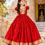 Kids Traditional Paithani Lichi Silk Zari Gown